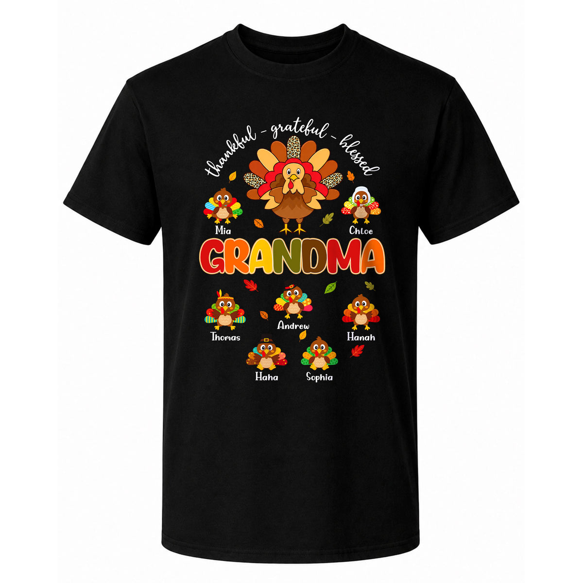Personalized Thankful Grateful Blessed Grandma Sweatshirt, Custom Grandma Turkey with Grandkids Names Gift For Family
