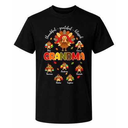 Personalized Thankful Grateful Blessed Grandma Sweatshirt, Custom Grandma Turkey with Grandkids Names Gift For Family