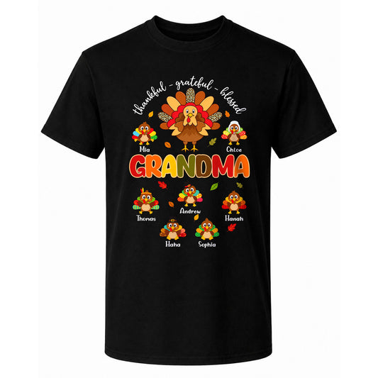 Personalized Thankful Grateful Blessed Grandma Sweatshirt, Custom Grandma Turkey with Grandkids Names Gift For Family