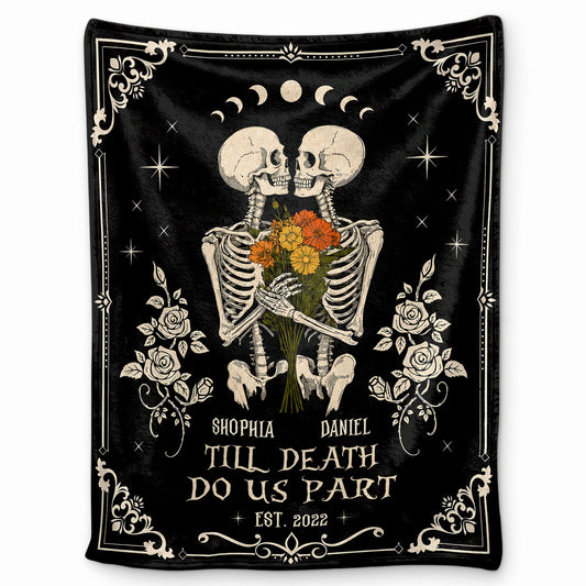 Personalized Skeleton Couple Blanket, Gothic Blanket with Roses, Halloween Gift for Couples, Fleece & Sherpa Blanket