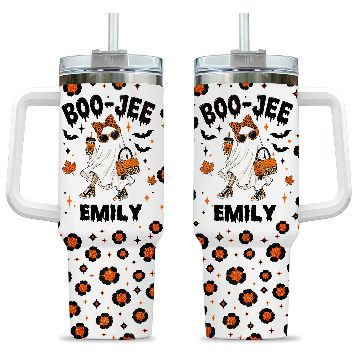 Personalized Halloween Tumbler with Handle - Custom Name Boo Jee Ghost Tumbler - Trendy Spooky Season Gift