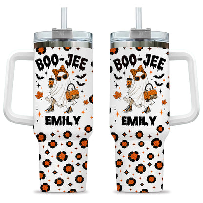 Personalized Halloween Tumbler with Handle - Custom Name Boo Jee Ghost Tumbler - Trendy Spooky Season Gift