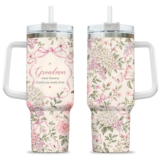 Personalized Thanksgiving Tumbler 40oz with Handle, Floral Fall Design, Gift For Grandma