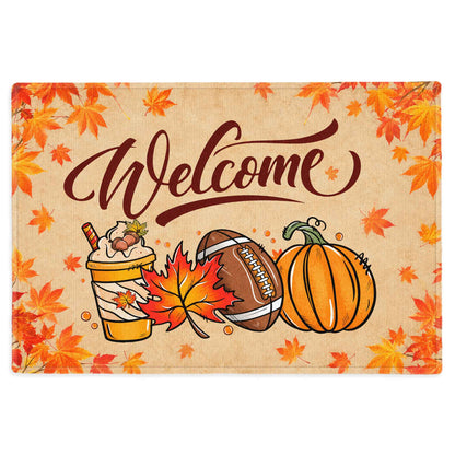Fall Football Pumpkin Doormat, Welcome Autumn Leaves Door Mat, Thanksgiving Home Decor