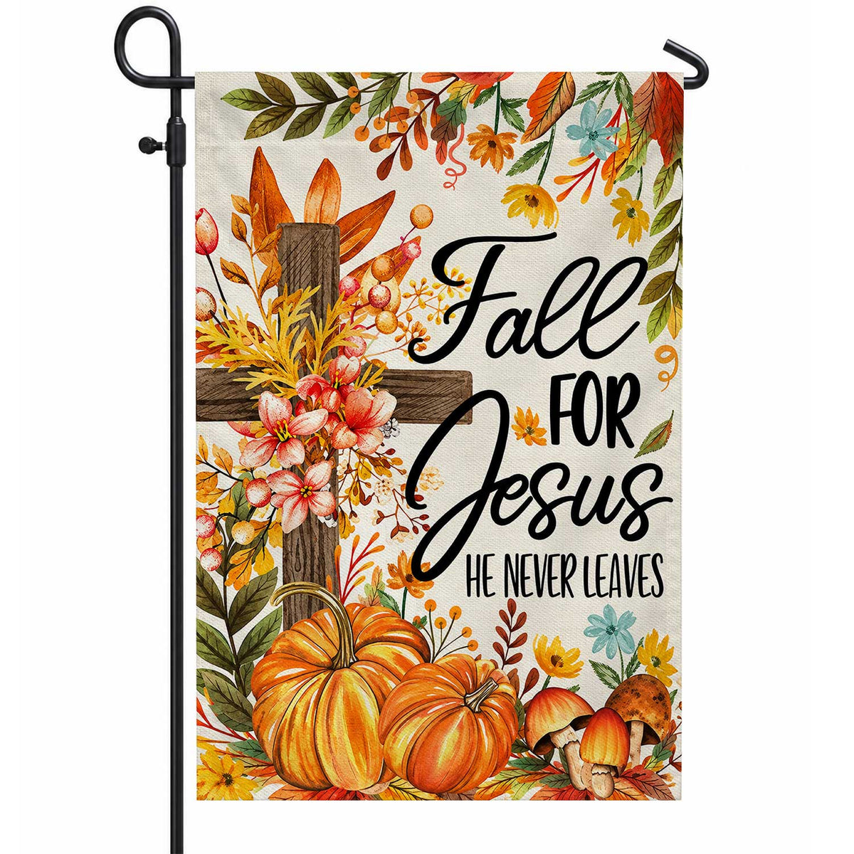 Give Thanks Fall Garden Flag, Rustic Cross Pumpkin Thanksgiving Yard Flag, Autumn Outdoor Decor