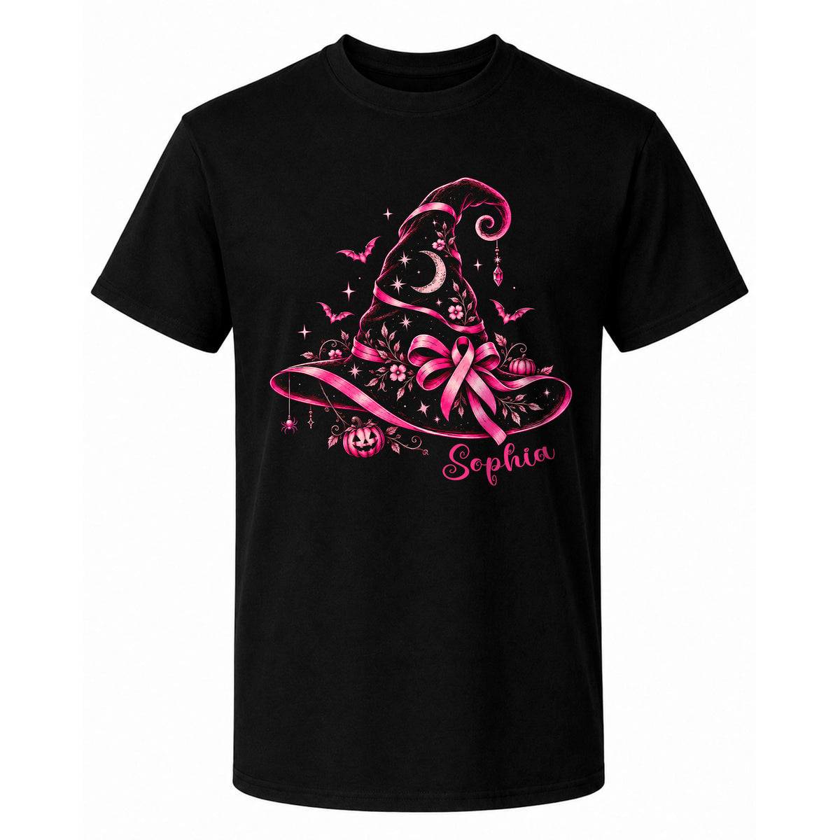 Personalized Halloween Breast Cancer Awareness Shirt for Women, Pink Ribbon Witch Hat Design, Custom Name Family Matching Tee