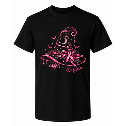 Personalized Halloween Breast Cancer Awareness Shirt for Women, Pink Ribbon Witch Hat Design, Custom Name Family Matching Tee