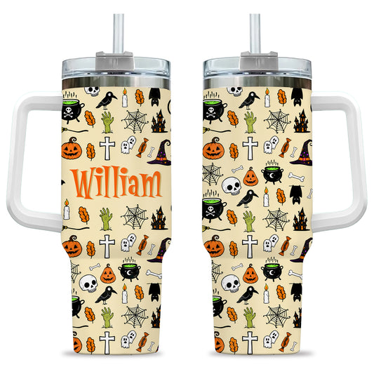 Personalized Halloween Tumbler, 40oz Travel Tumbler with Name, Vintage Spooky Pattern Gift Girls and Boys