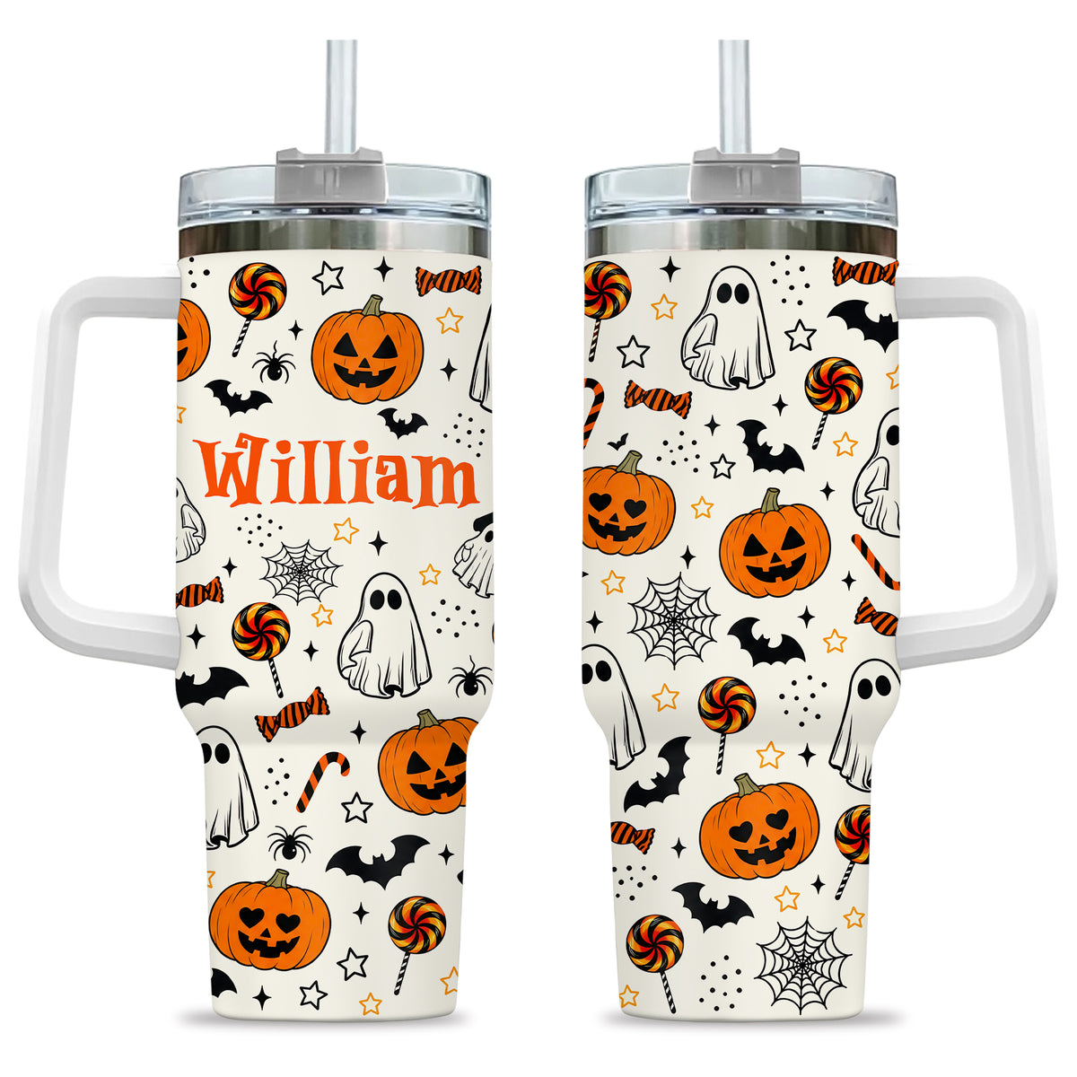 Personalized Halloween Tumbler, 40oz Travel Tumbler with Name, Vintage Spooky Pattern Gift Girls and Boys