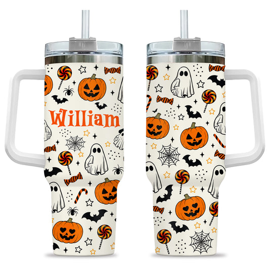 Personalized Halloween Tumbler, 40oz Travel Tumbler with Name, Vintage Spooky Pattern Gift Girls and Boys