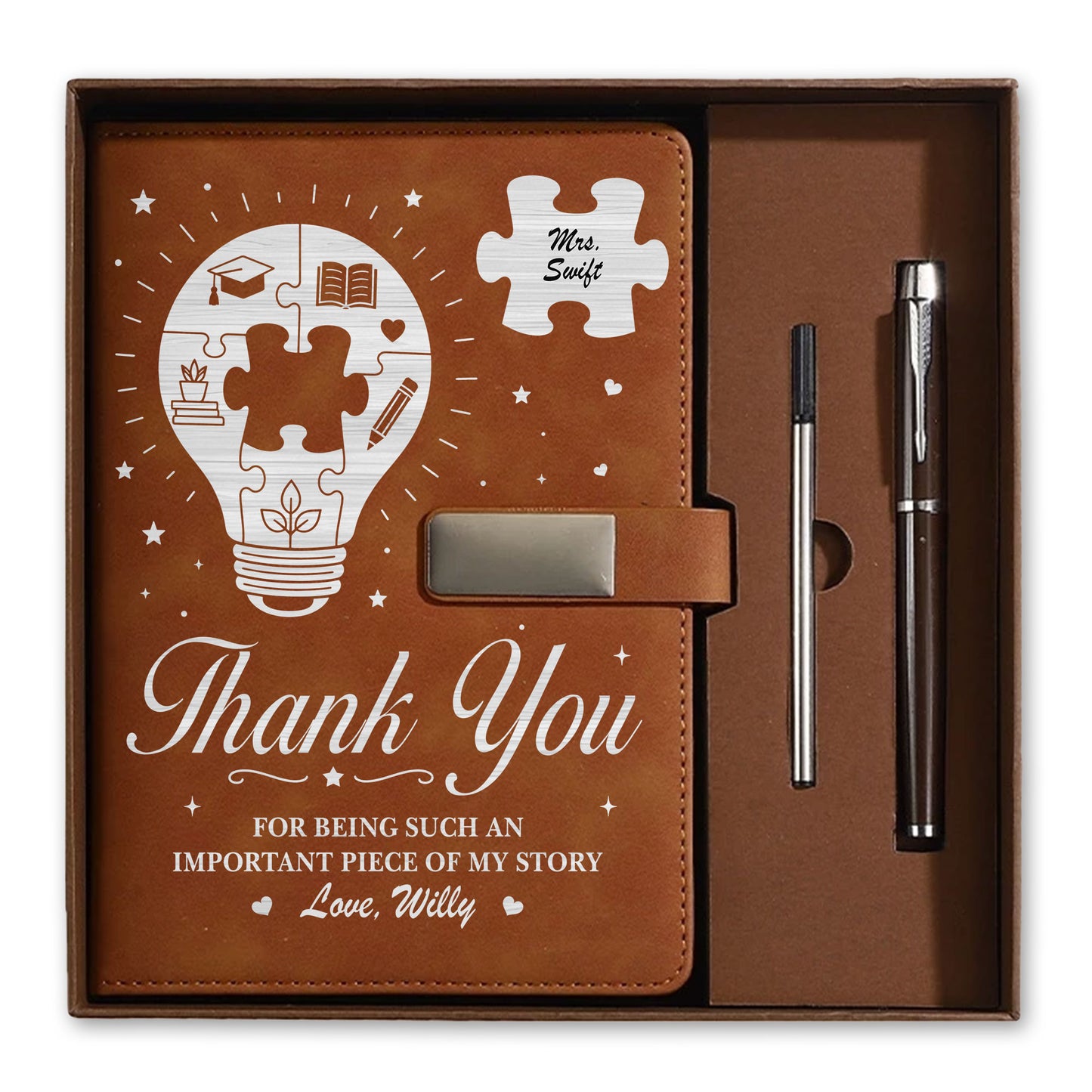 Thank You Teacher Journal Book - Custom Name Leather Notebook Gift Set - Teacher Appreciation Gift