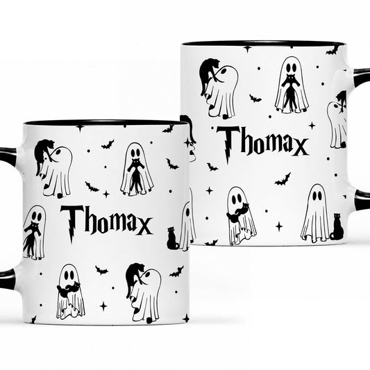 Personalized Halloween Mug, Custom Name Ghost & Black Cat Coffee Cup, Gothic Fall Drinkware, Ceramic Mug Gift