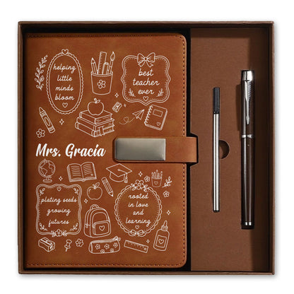 Personalized Teacher Journal Gift Set - Custom Teacher Leather Notebook and Pen - Appreciation Gift for Teachers