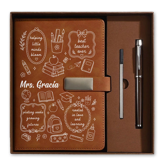 Personalized Teacher Journal Gift Set - Custom Teacher Leather Notebook and Pen - Appreciation Gift for Teachers