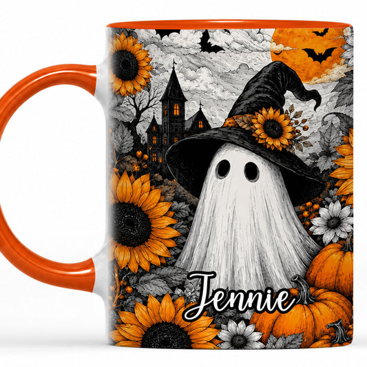 Personalized Halloween Mug, Custom Name Ghost & Black Cat Coffee Cup, Gothic Fall Drinkware, Ceramic Mug Gift