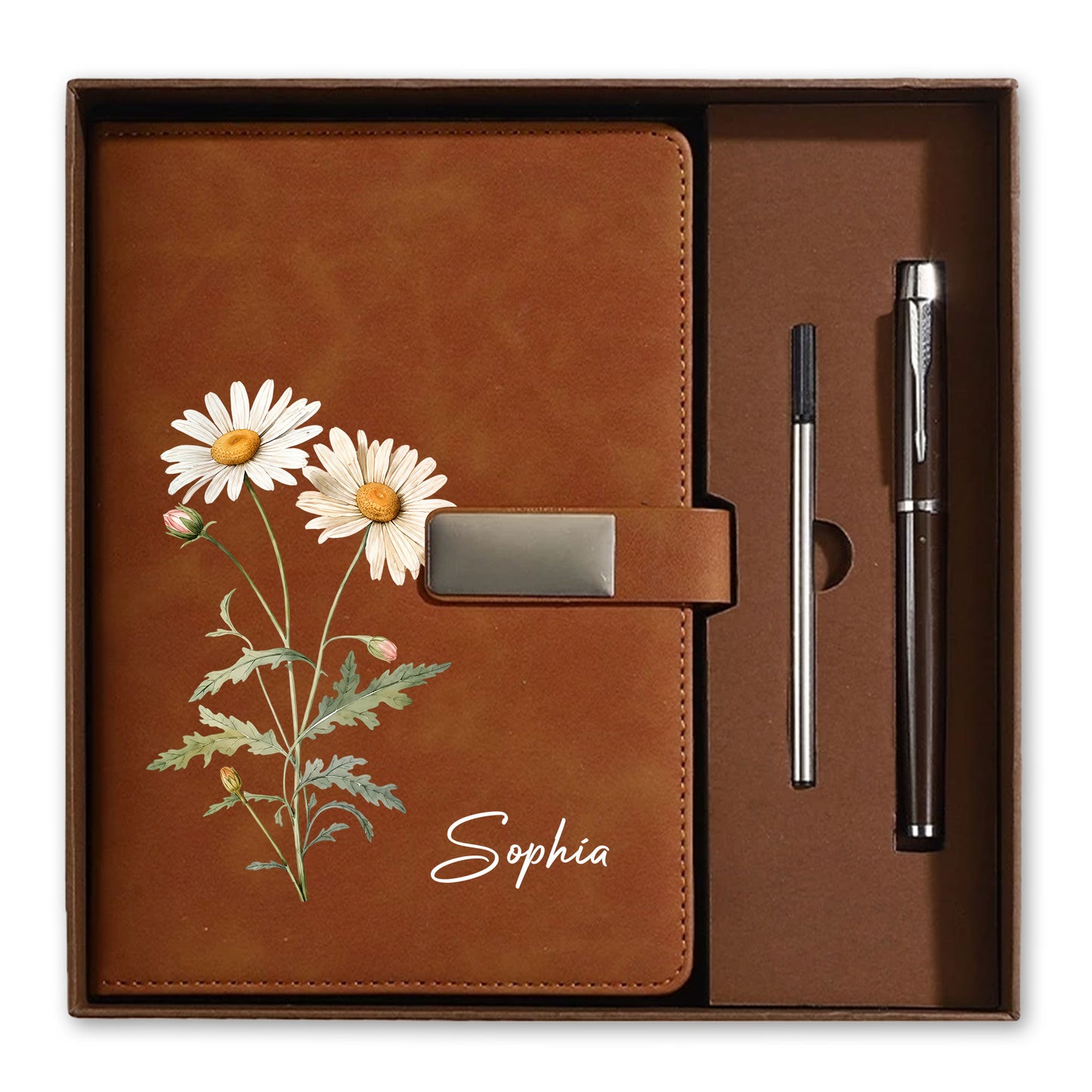 Personalized Leather Notebook Set with Custom Name, Floral Journal Gift Set with Pen for Women, Teacher, Student, Office