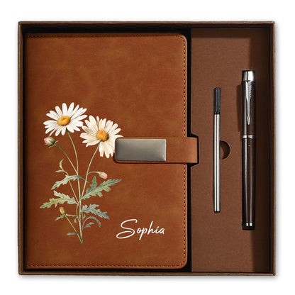 Personalized Leather Notebook Set with Custom Name, Floral Journal Gift Set with Pen for Women, Teacher, Student, Office