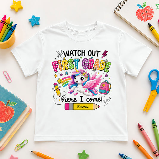 Personalized Watch Out Back to School Shirt – Custom Name & Grade Colorful Tee for Pre-K to 8th Grade Students
