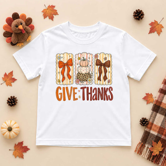 Girls Thanksgiving Shirt, Grateful Thankful Blessed Turkey Pumpkin Bow, Fall Gift for Kids & Women
