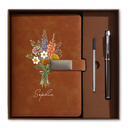 Personalized Leather Notebook Set with Custom Name, Floral Journal Gift Set with Pen for Women, Teacher, Student, Office