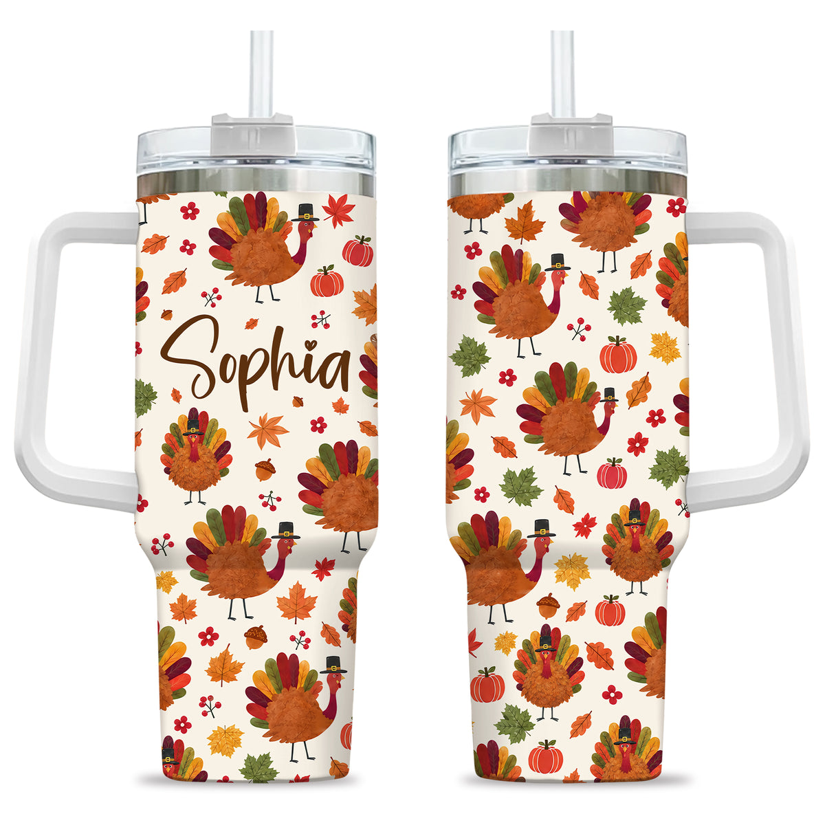 Personalized Thanksgiving Tumbler 40oz, Turkey Fall Leaves Gnome, Hello Fall Custom Name Gift For Adult & Friends