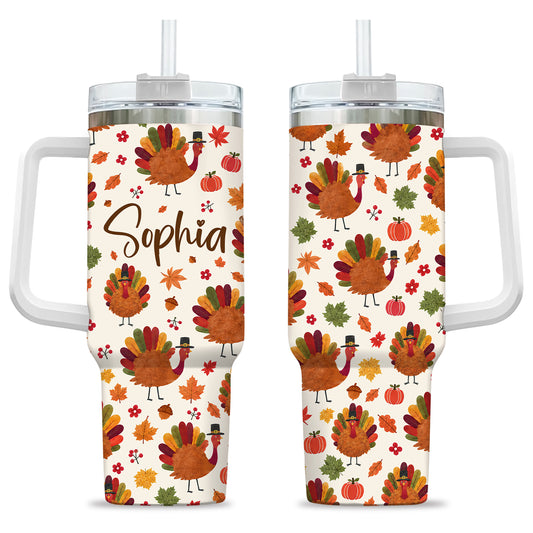 Personalized Thanksgiving Tumbler 40oz, Turkey Fall Leaves Gnome, Hello Fall Custom Name Gift For Adult & Friends