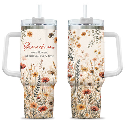 Personalized Thanksgiving Tumbler 40oz with Handle, Floral Fall Design, Gift For Grandma