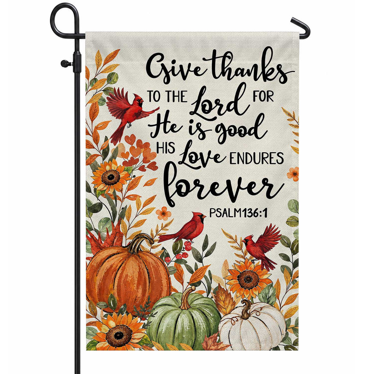 Give Thanks Fall Garden Flag, Rustic Cross Pumpkin Thanksgiving Yard Flag, Autumn Outdoor Decor