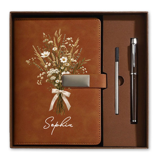 Personalized Leather Notebook Set with Custom Name, Floral Journal Gift Set with Pen for Women, Teacher, Student, Office