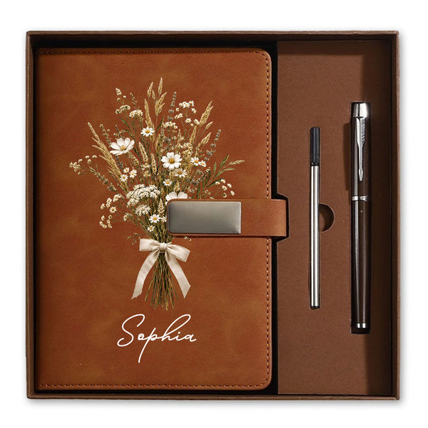 Personalized Leather Notebook Set with Custom Name, Floral Journal Gift Set with Pen for Women, Teacher, Student, Office