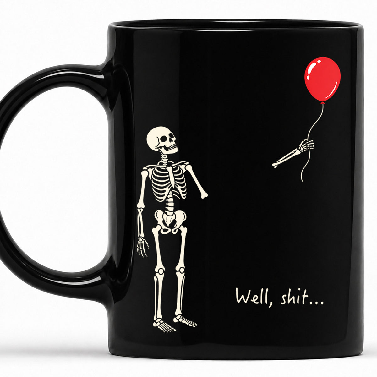 Skeleton Holding Red Balloon Halloween Mug, Funny Spooky Coffee Mug, Halloween Gift