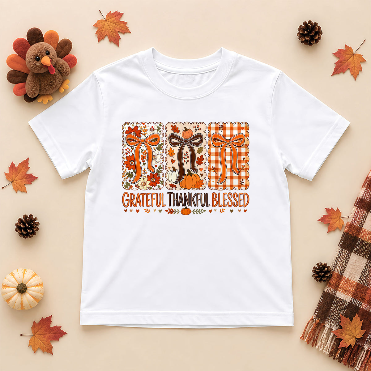 Girls Thanksgiving Shirt, Grateful Thankful Blessed Turkey Pumpkin Bow, Fall Gift for Kids & Women