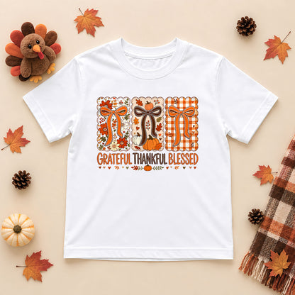 Girls Thanksgiving Shirt, Grateful Thankful Blessed Turkey Pumpkin Bow, Fall Gift for Kids & Women