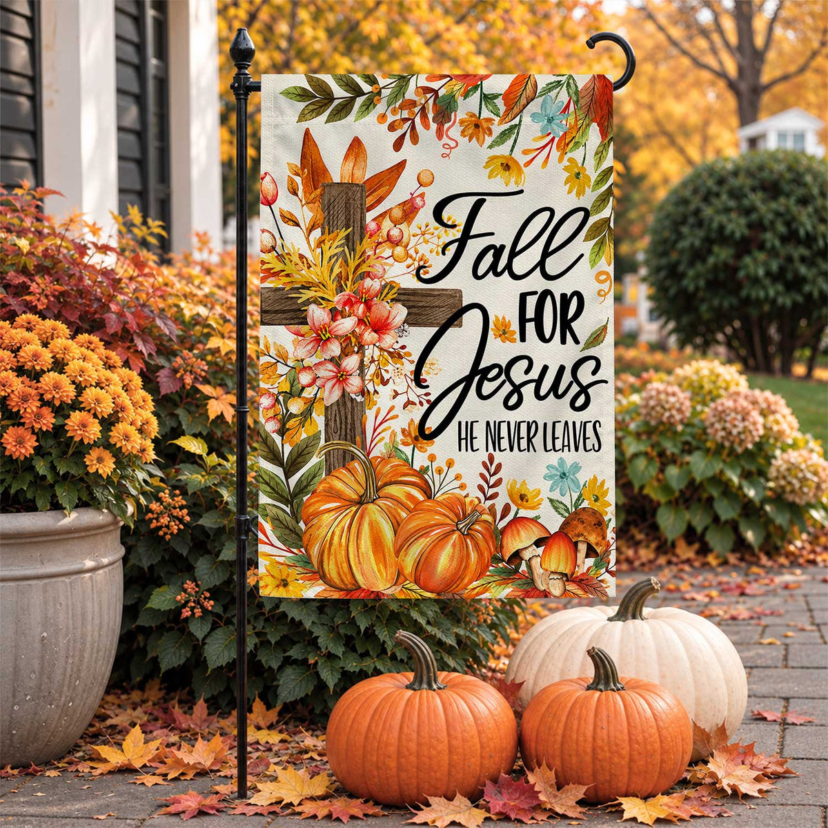 Give Thanks Fall Garden Flag, Rustic Cross Pumpkin Thanksgiving Yard Flag, Autumn Outdoor Decor