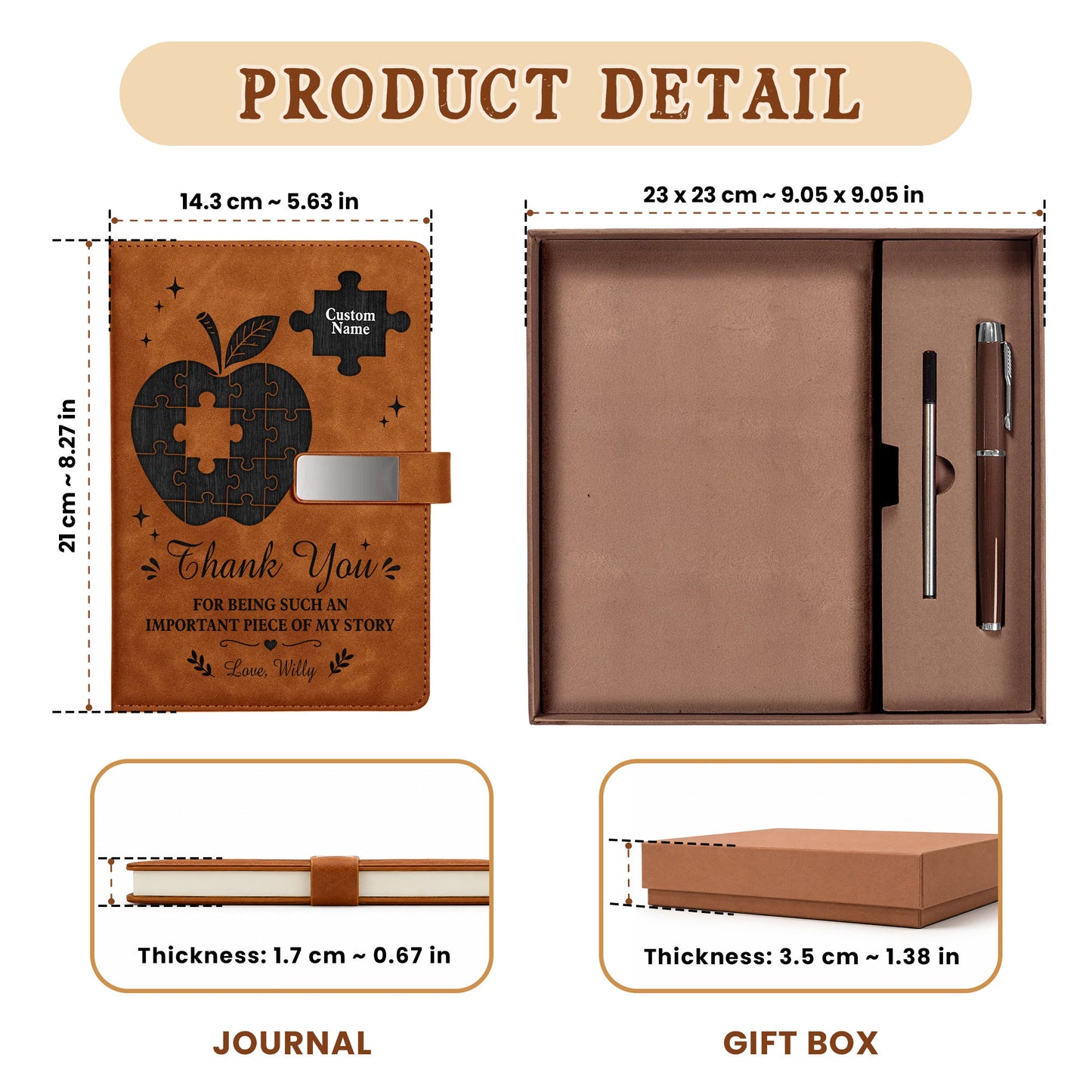 Thank You Teacher Journal Gift Set - Custom Name Leather Notebook - Appreciation Gift for Teachers