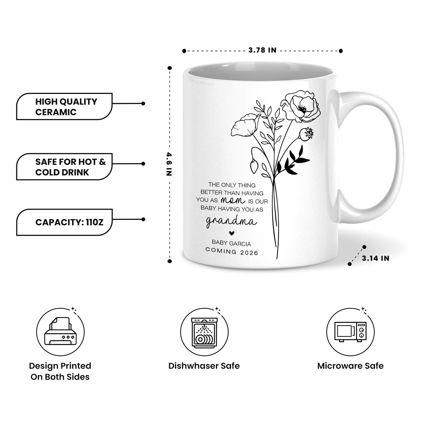 Personalized Grandma Mug – Custom Baby Name & Due Year Coffee Mug, Grandma Announcement Gift, Baby Coming 2026