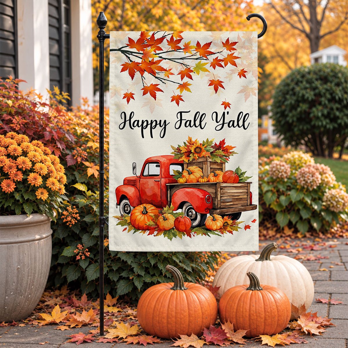 Hello Fall Garden Flag, Welcome Truck Happy Fall Ya'll Floral Pumpkin Outdoor Decor Gift For Family