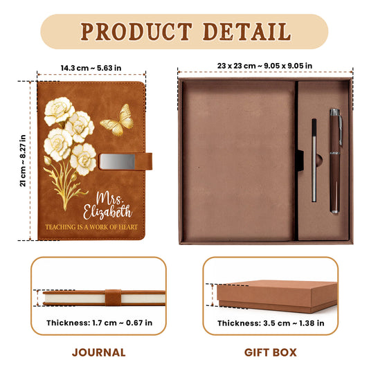 White & Gold Birth Month Flower Teacher Journal - Custom Name Leather Notebook Gift Set - Teacher Appreciation Gift