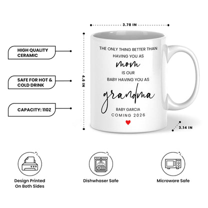 Personalized Grandma Mug – Custom Baby Name & Due Year Coffee Mug, Grandma Announcement Gift, Baby Coming 2026