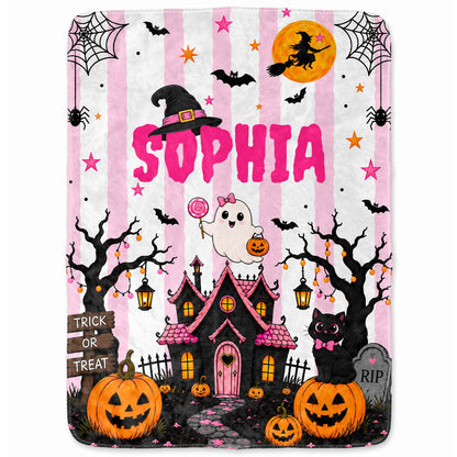 Personalized Halloween Fleece Blanket, Sherpa Blanket, Custom Name Ghost Pumpkin Blanket, Cute Spooky Seasonal Home Decor for Kids