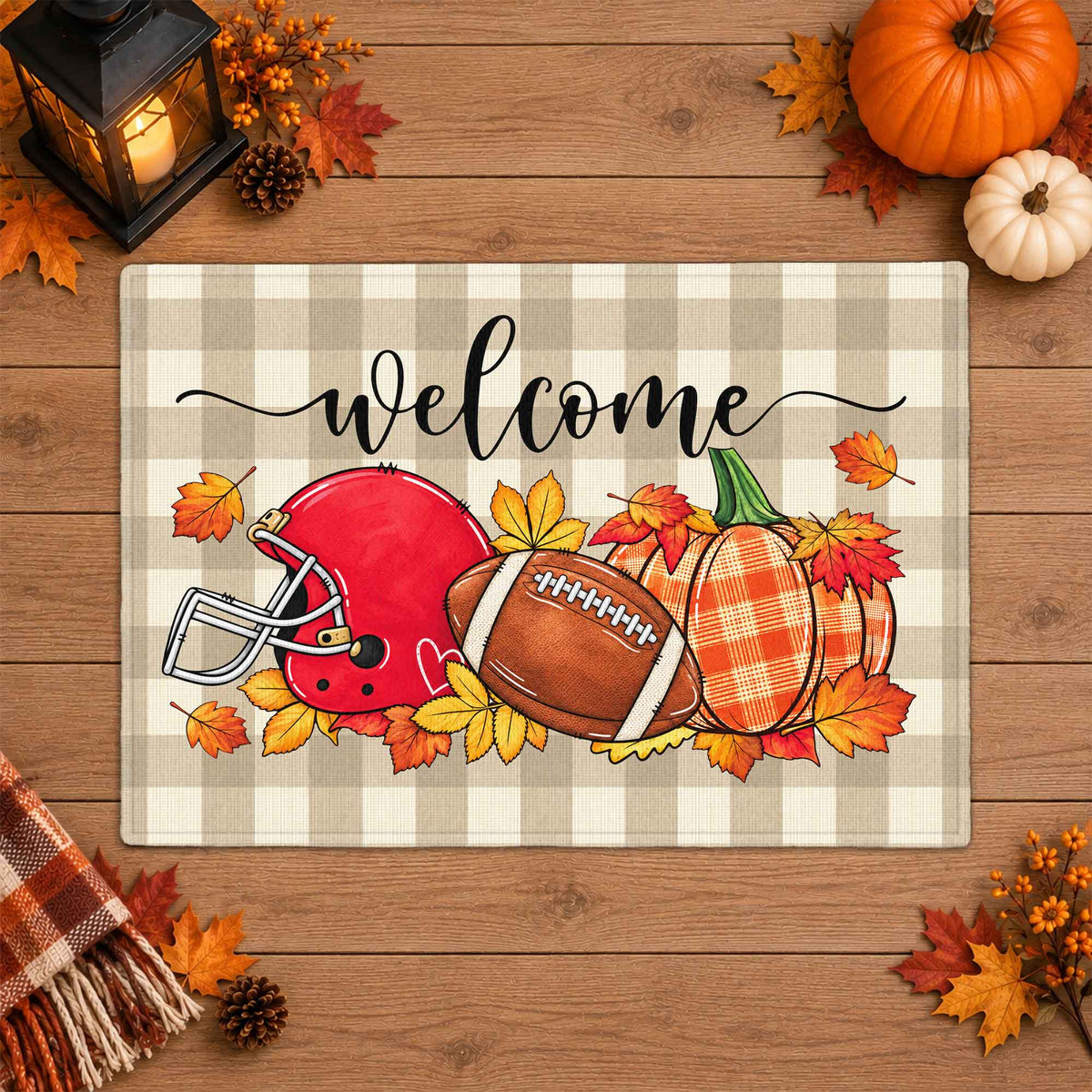 Fall Football Pumpkin Doormat, Welcome Autumn Leaves Door Mat, Thanksgiving Home Decor