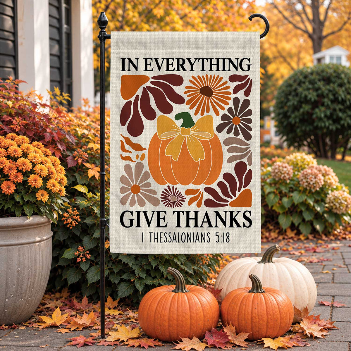 Give Thanks Fall Garden Flag, Rustic Cross Pumpkin Thanksgiving Yard Flag, Autumn Outdoor Decor