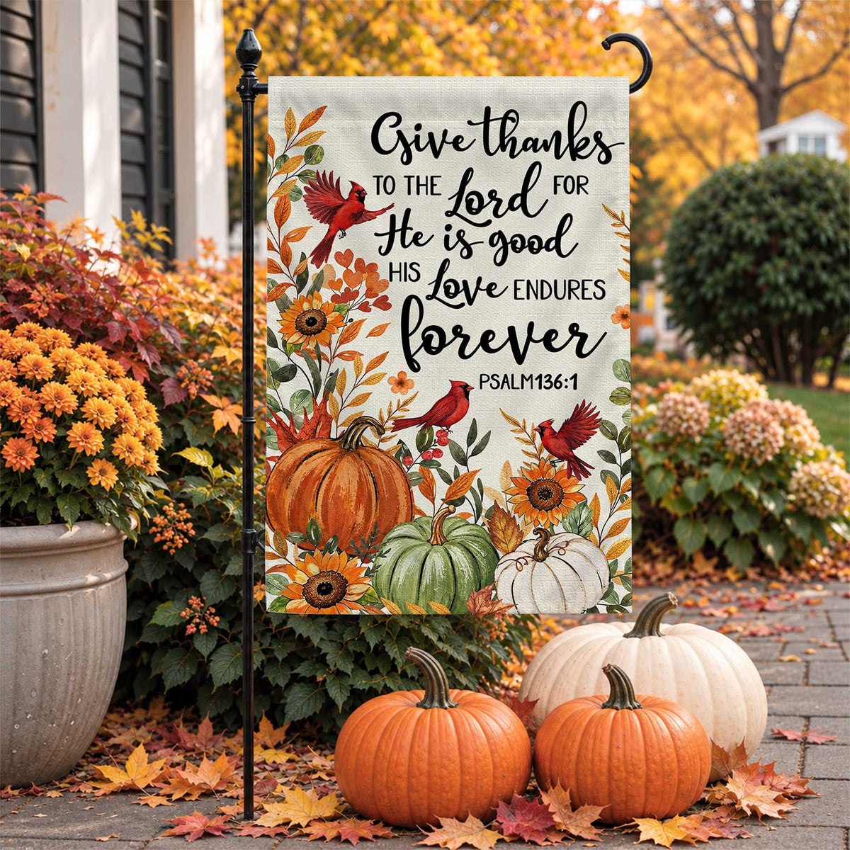 Give Thanks Fall Garden Flag, Rustic Cross Pumpkin Thanksgiving Yard Flag, Autumn Outdoor Decor