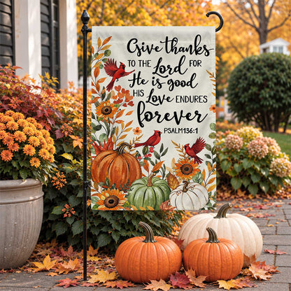 Give Thanks Fall Garden Flag, Rustic Cross Pumpkin Thanksgiving Yard Flag, Autumn Outdoor Decor