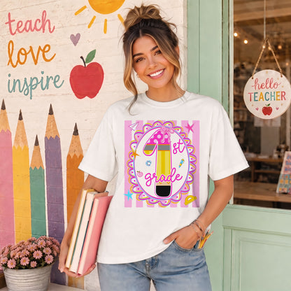 Personalized Back to School Shirt – Custom Name & Grade Preppy Striped Pennant Flag Color Tee for Teachers & Students, Pre-K to 8th Grade Outfit