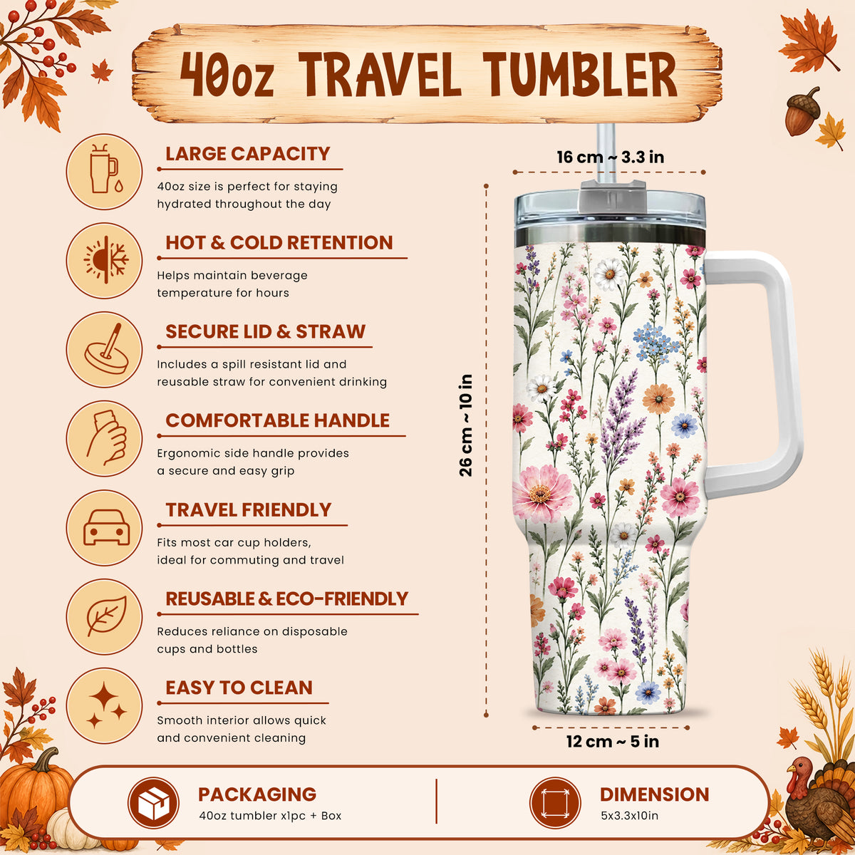 Personalized Thanksgiving Tumbler 40oz with Handle, Floral Fall Design, Gift For Grandma