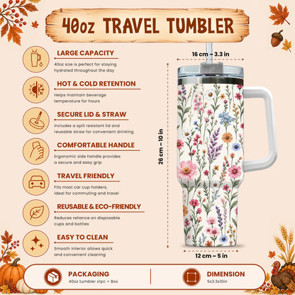 Personalized Thanksgiving Tumbler 40oz with Handle, Floral Fall Design, Gift For Grandma