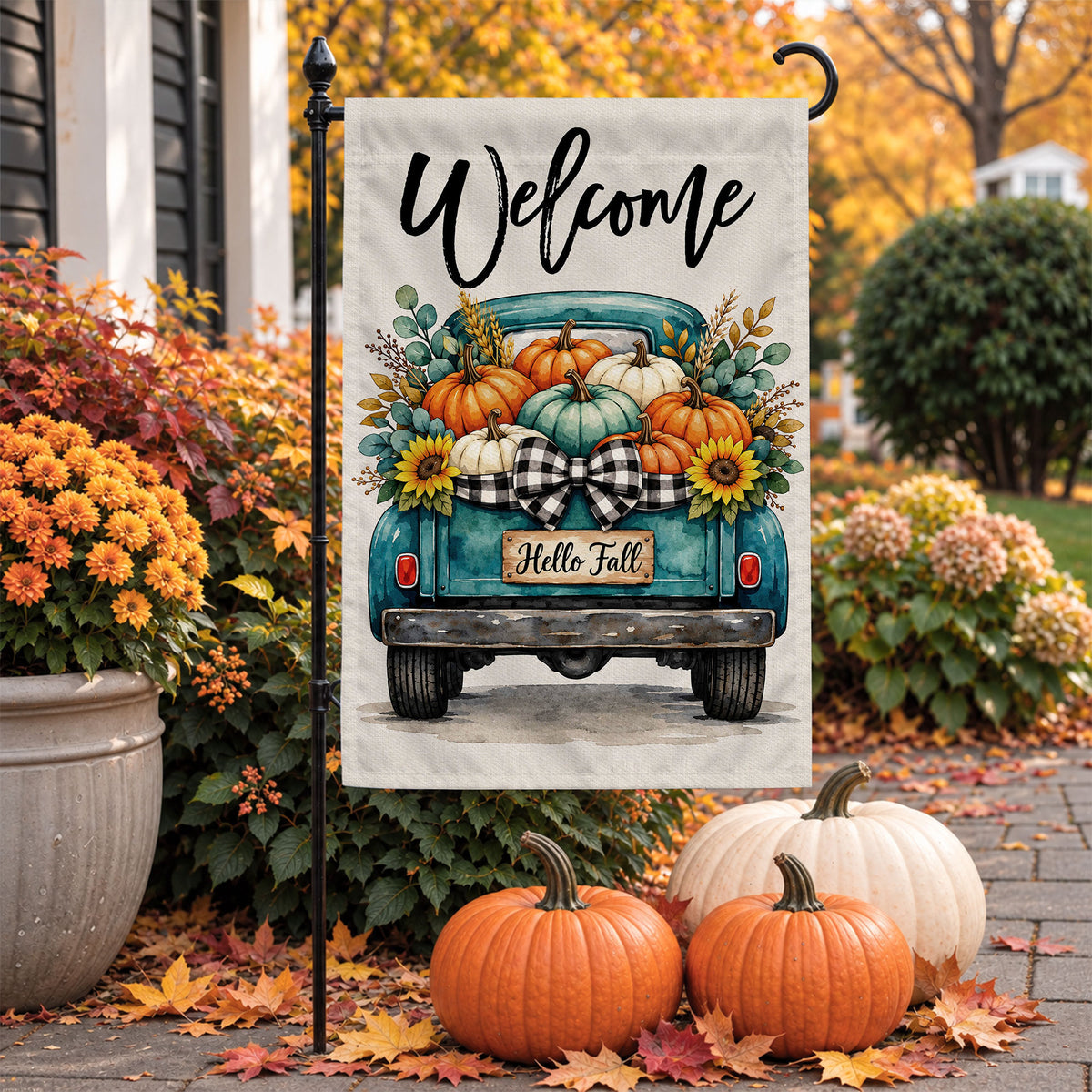 Hello Fall Garden Flag, Welcome Truck Happy Fall Ya'll Floral Pumpkin Outdoor Decor Gift For Family