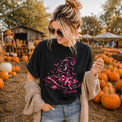Personalized Halloween Breast Cancer Awareness Shirt for Women, Pink Ribbon Witch Hat Design, Custom Name Family Matching Tee