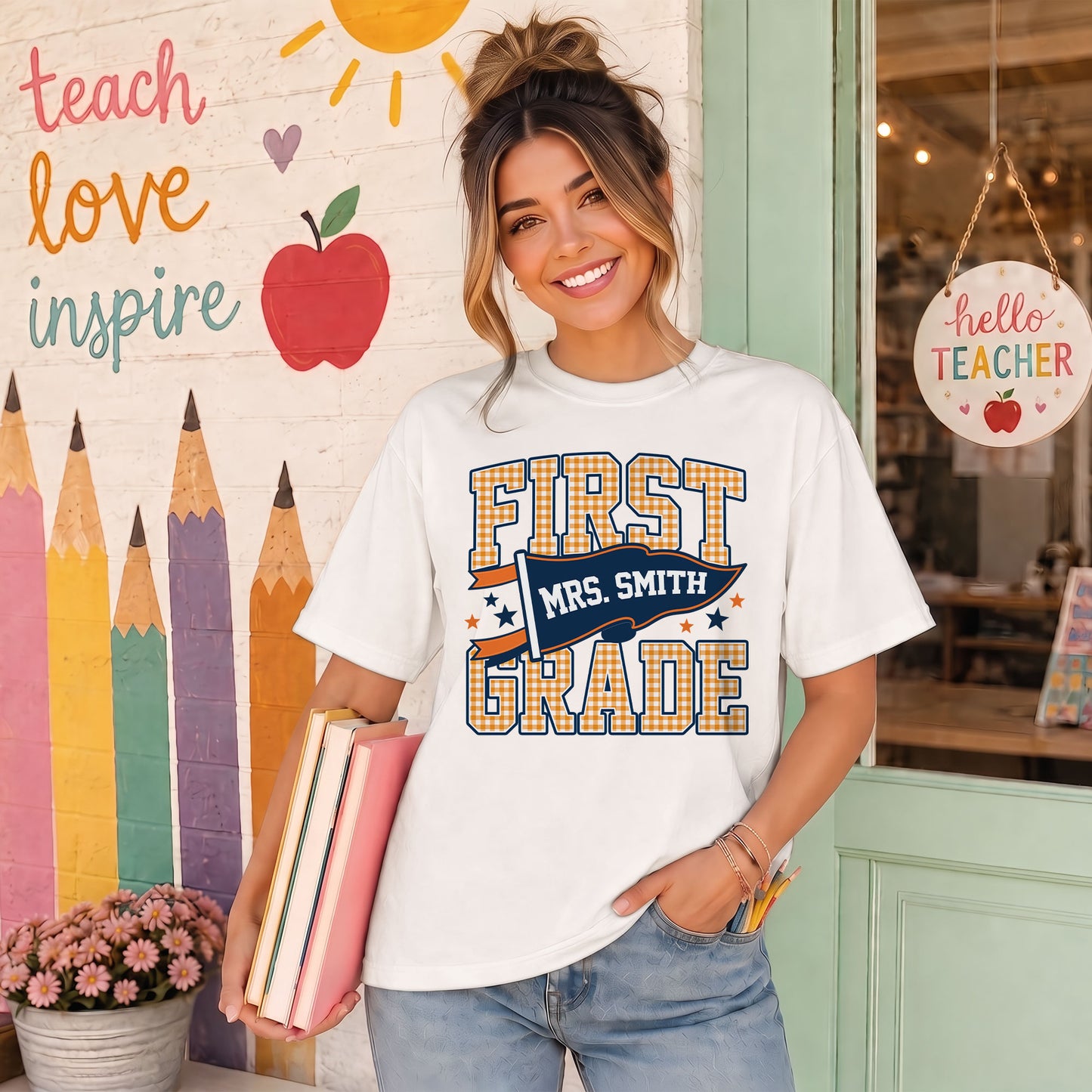 Personalized Back to School Shirt – Custom Name & Grade Preppy Striped Pennant Flag Color Tee for Teachers & Students, Pre-K to 8th Grade Outfit